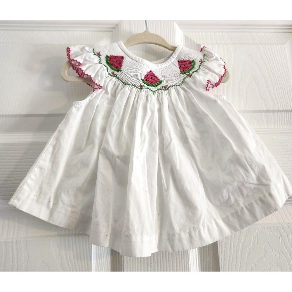 Southern Sunshine Smocked Cotton Dress Watermelons Baby Sz 6M Red Green White
